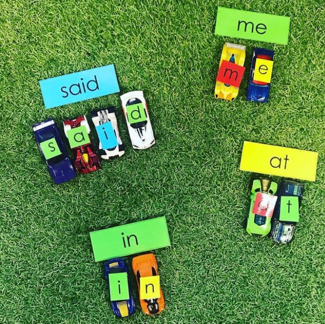 Dollar Store Hacks: Letter Cars Toy cars with letters on the tops, put together to form words as an example of dollar store hacks for the classroom