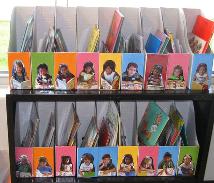 Dollar Store Hacks: Mailboxes Cardboard magazine holders with children's photos on the front