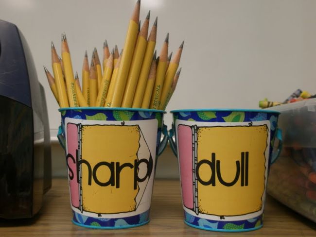 Dollar Store Hacks: Pencil Center Metal pails labeled Sharp and Dull filled with pencils (Dollar Store Hacks)