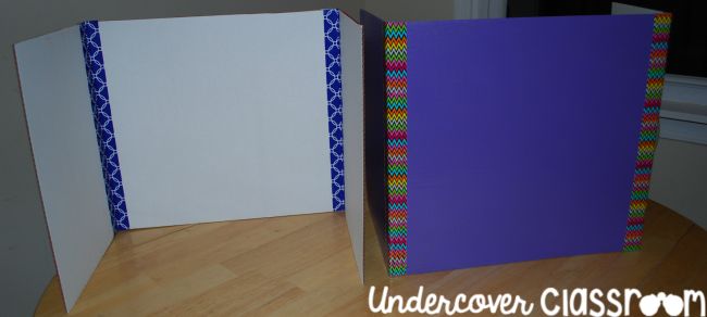 Dollar Store Hacks: Privacy Folders Tri-fold boards with colored duct tape decoration as an example of dollar store hacks for the classroom