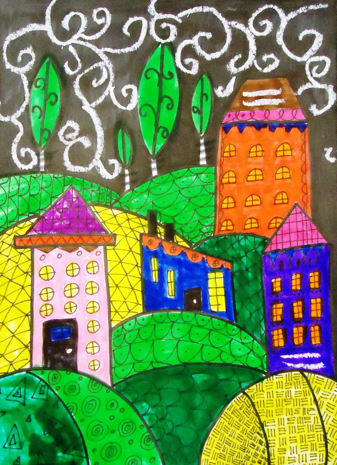 doodle-houses Colorful houses are drawn into a hilly background