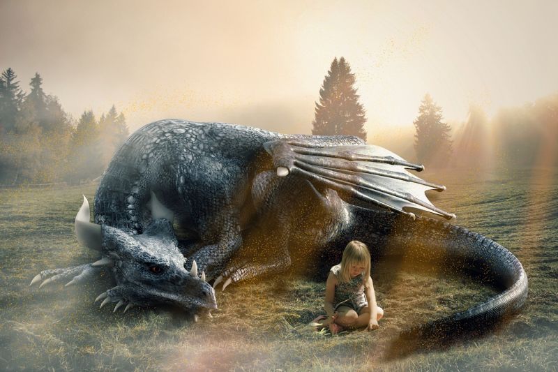 Writing Prompts: Dragon Guardian A child sitting in the grass, with a dragon curled up around her
