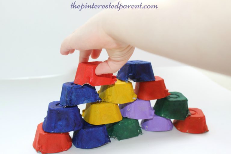 egg-carton-blocks A colorful pyramid of building blocks made from segments of egg cartons