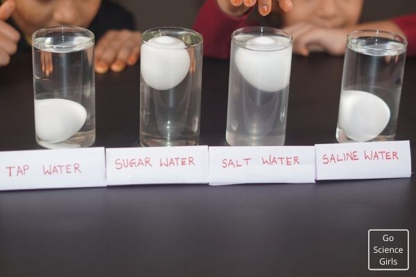 egg-float 4 glasses of water with an egg floating at a different level in each