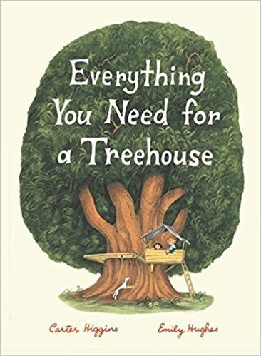 everything you need for a treehouse Summer read alouds book cover of Everything You Need for a Treehouse book showing a treehouse with two kids in a large tree.