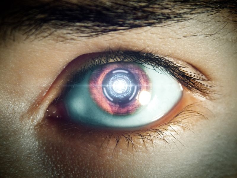 Picture Prompts: Eye Camera Closeup of a human eye, with the pupil represented as a camera lens