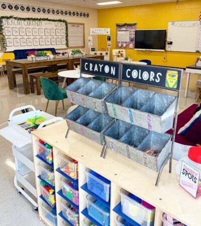 Farmhouse elements including using a plant stand for Crayons for this kindergarten classroom 