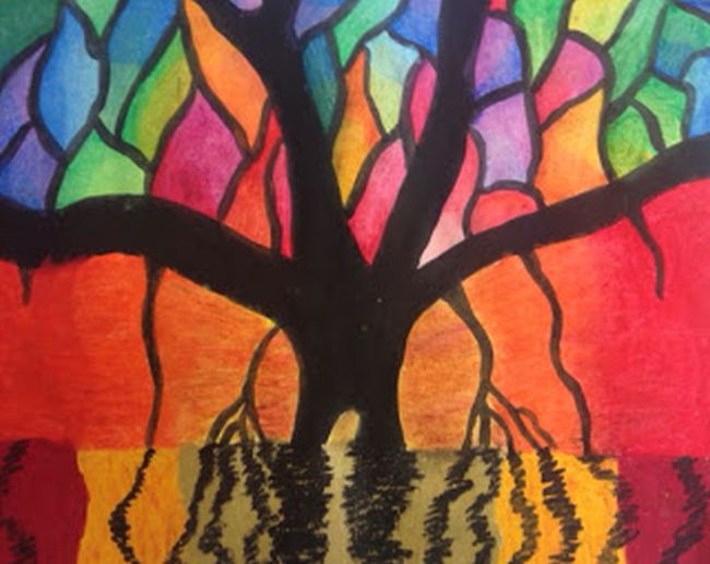 Fifth Grade Art Banyan Trees Colorful banyan tree reflected in water made using oil pastels