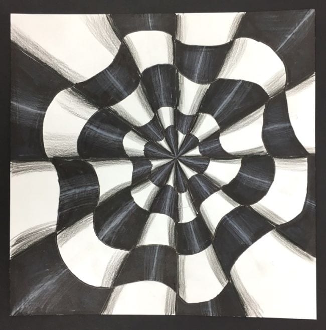 Fifth Grade Art Black and White Cone Drawing Series of cones emanating from a central perspective, sketched and shaded in black and white (Fifth Grade Art)
