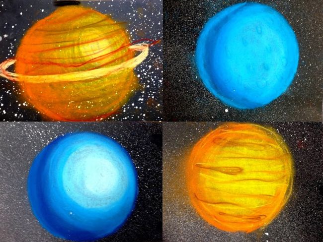 Fifth Grade Art Chalk Planets Collage of planets drawn and shaded in chalk pastels on black paper (Fifth Grade Art)