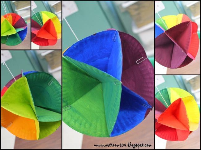 Fifth Grade Art Color Wheel Balls Collage of paper plates colored, folded, and glued to make 3D balls (Fifth Grade Art Projects)