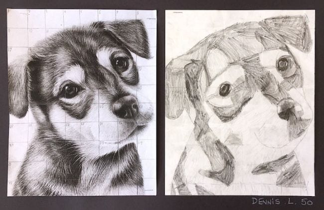 Fifth Grade Art Grid Drawings Photo of a dog with a superimposed grid, next to a drawing of the dog using a grid (Fifth Grade Art Projects)