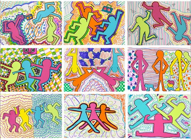 Fifth Grade Art Keith Haring Break Dancers Collage of colorful stick figures dancing in the style of Keith Haring (Fifth Grade Art Project)