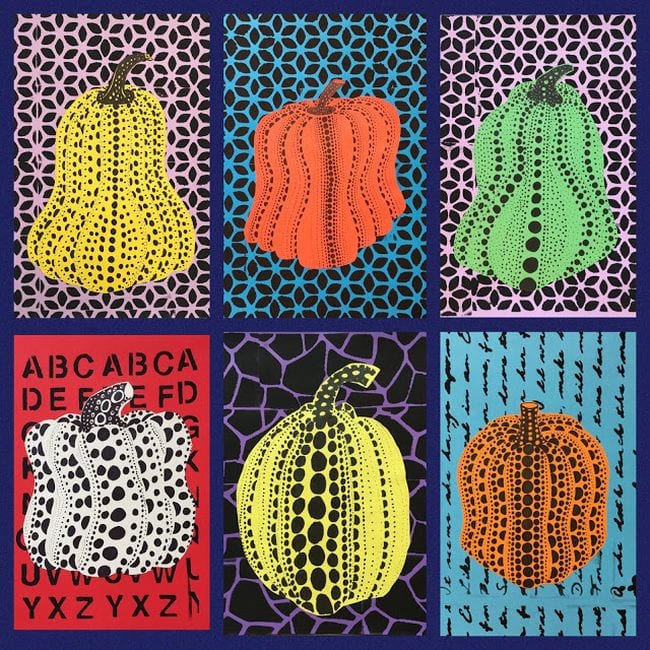 Fifth Grade Art Kusama Dot Pumpkins Collage of paper pumpkins in dot patterns in the style of Kusama
