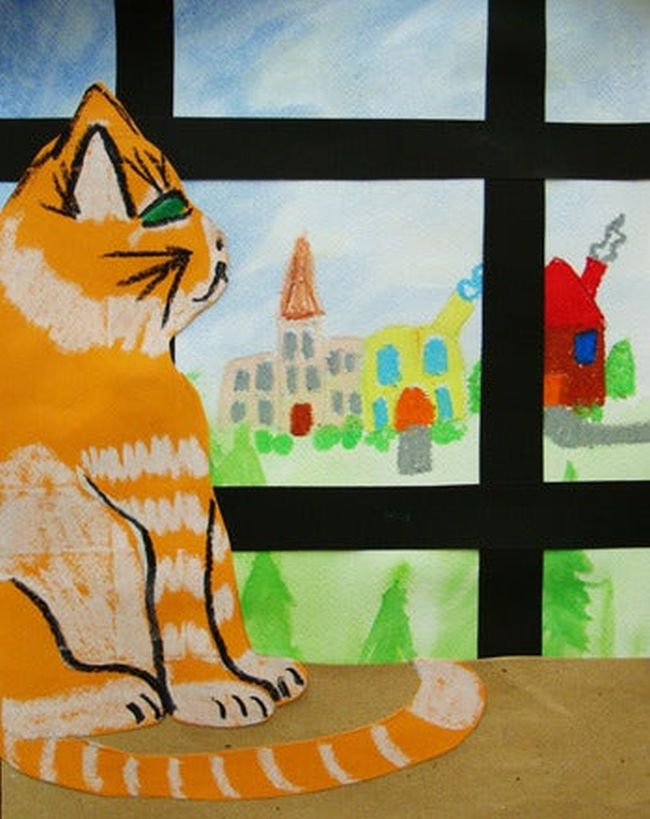 Fifth Grade Art Layered Window Scene Paper cat looking out a window at a castle and other items (Fifth Grade Art)