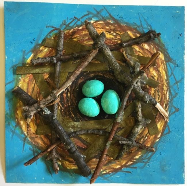 Fifth Grade Art Mixed Media Bird Nest Bird nest painted on paper, accented with twigs and clay eggs (Fifth Grade Art)