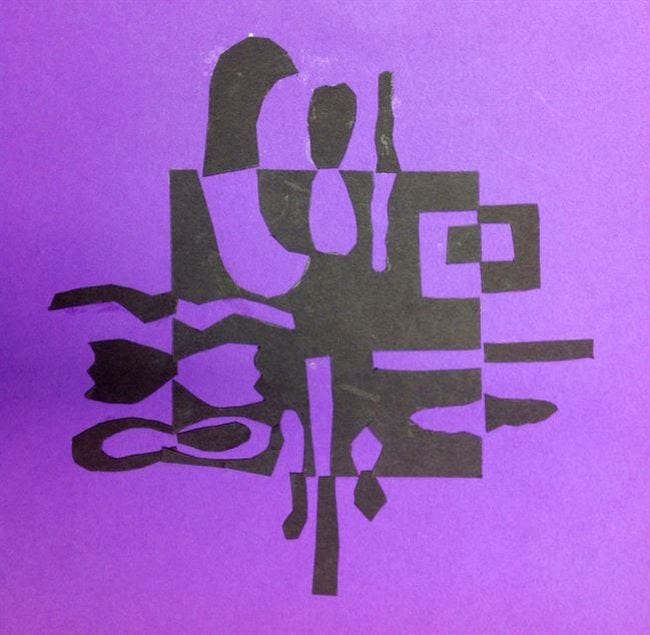 Fifth Grade Art Positive Negative Collages Abstract black shapes on purple paper