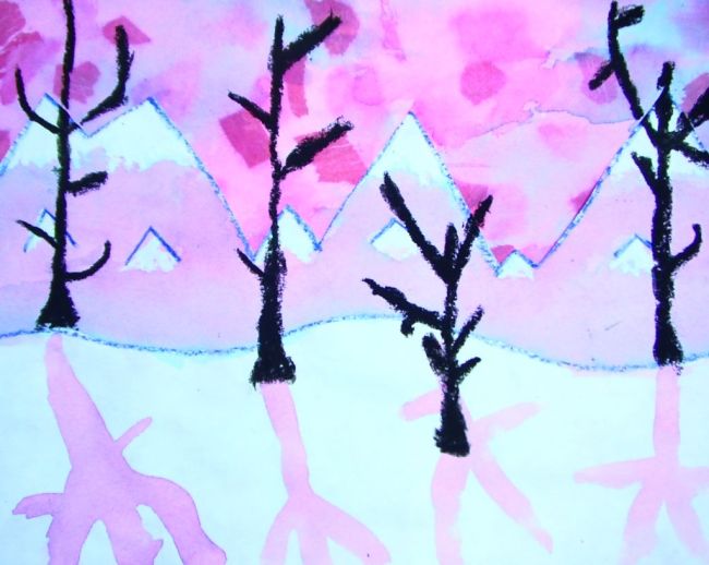 Fifth Grade Art Snowy Mountains Pastel colored mountain range with bare trees, created with watercolor resist method (Fifth Grade Art)