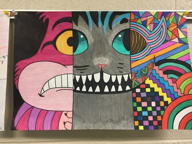 Fifth Grade Art Three Styles Painting of a cat divided into three parts, realistic, abstract, and non-objective