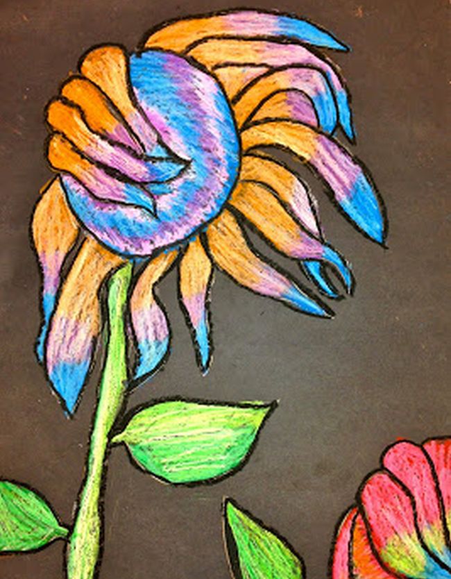 Fifth grade Art Oil Pastel Sunflowers Wilting sunflower drawn with oil pastels on black paper (Fifth Grade Art Projects)