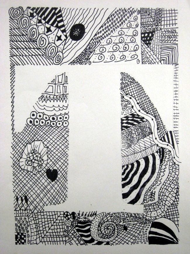 Fifth Grade Art Zentangle Initials White letter T surrounded by a variety of black and white patterns