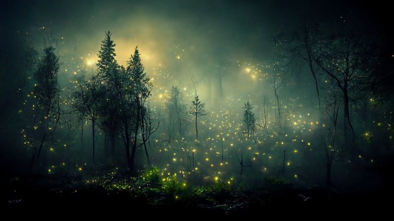 Picture Prompts: Firefly Forest Illustration of a forest at night filled with fireflies