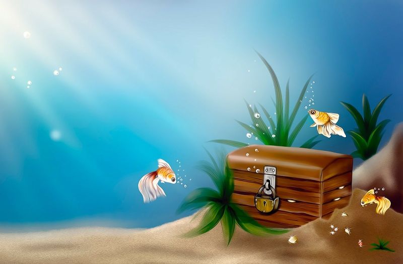 Picture Prompts: Treasure Chest Goldfish swimming around a closed treasure chest sitting in the sand under the water