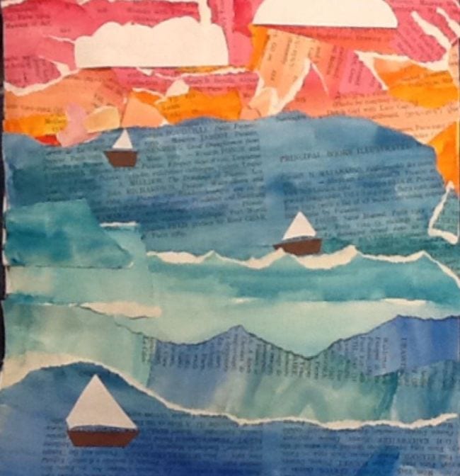 Fourth Grade Art Book Page Seascape Watercolor seascape painted on torn book pages with construction paper ships (Fourth Grade Art Projects)