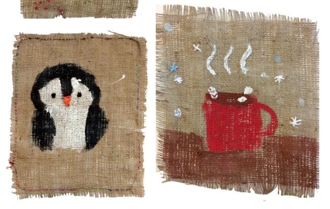 Fourth Grade Art Painted Burlap Penguin and hot chocolate mug painted and stitched on burlap