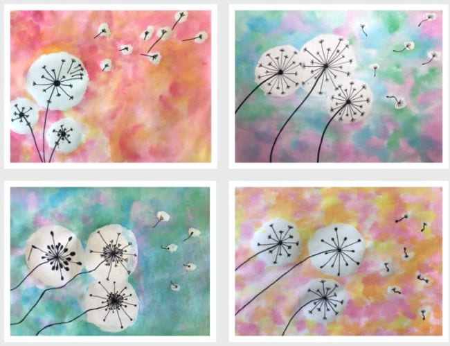 Fourth Grade Art Dandelion Puffs Collage of watercolor paintings with dandelion seed heads