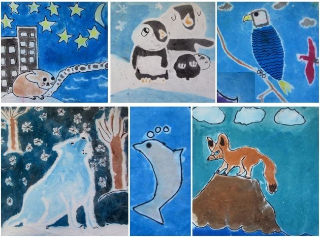 Fourth Grade Art Toothpaste Batik Collage of animals on cloth made using toothpaste batik method (Fourth Grade Art Projects)
