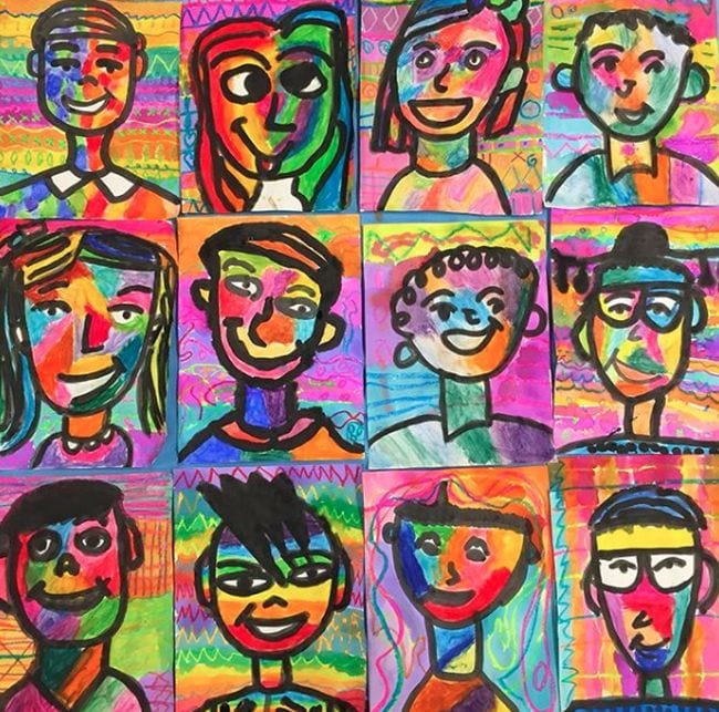 Fourth Grade Art Fauve Portraits Collage of simple self-portraits done in bright colors (Fourth Grade Art Projects)