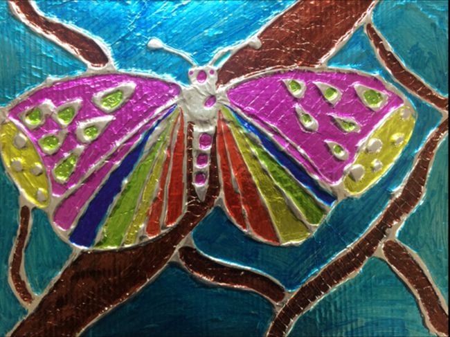 Fourth Grade Art Textured Foil Butterflies Butterfly made with glue lines on foil, colored in with markers