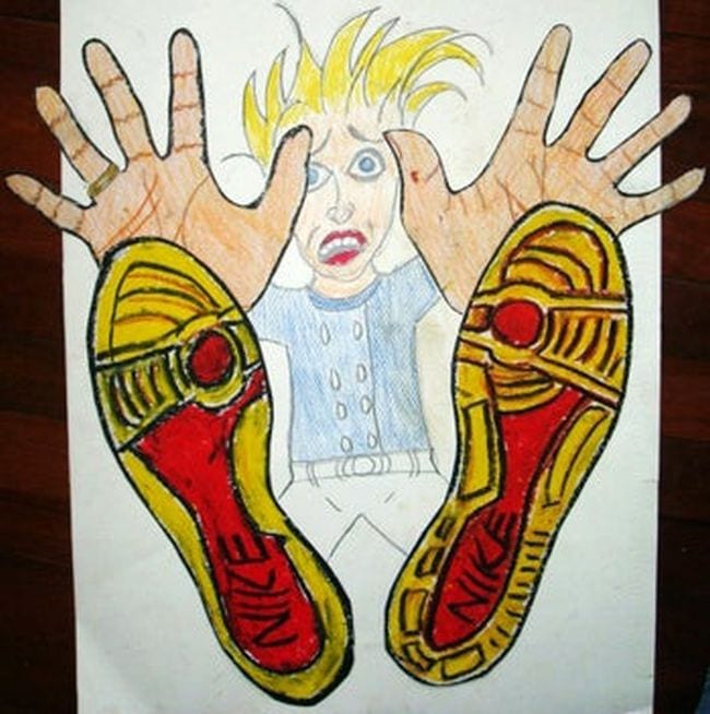 Fourth Grade Art Free-Fall Foreshortening Art showing a student falling backward with the feet and hands large in the foreground (Fourth Grade Art Projects)