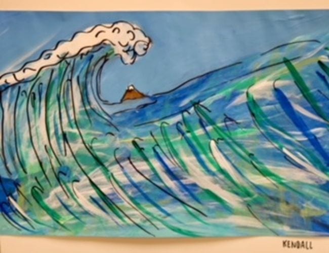 Fourth Grade Art Painted Waves Large wave painted in shades of blues and green (Fourth Grade Art Projects)