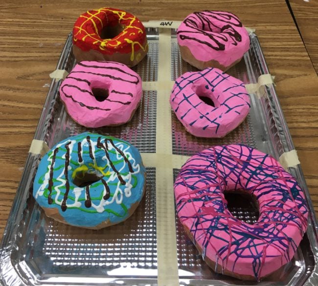 Fourth Grade Art Papier-mâché Donuts Six colorful donuts made from papier-mâché sitting on a silver tray
