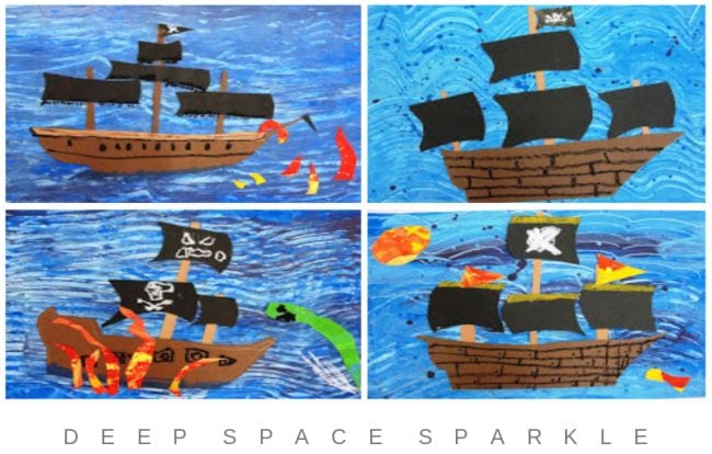 Fourth Grade Art Pirate Ships Collage of construction paper pirate ships with painted patterned backgrounds (Fourth Grade Art Projects)