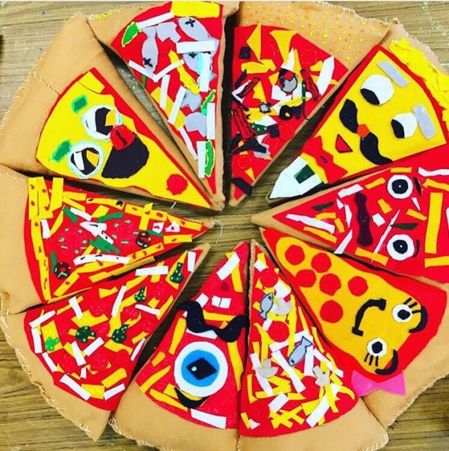 Fourth Grade Art Pizza Pillows Pizza slices made of fabric and covered with colorful toppings