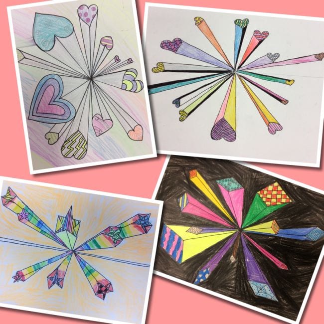 Fourth Grade Art Shape Explosion Collage of drawings of various shapes, exploding out from a central point (Fourth Grade Art Projects)