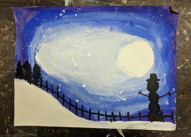 Fourth Grade Art Snowy Silhouettes Painted nighttime winter scene with full moon and snowman and tree silhouettes (Fourth Grade Art Projects)