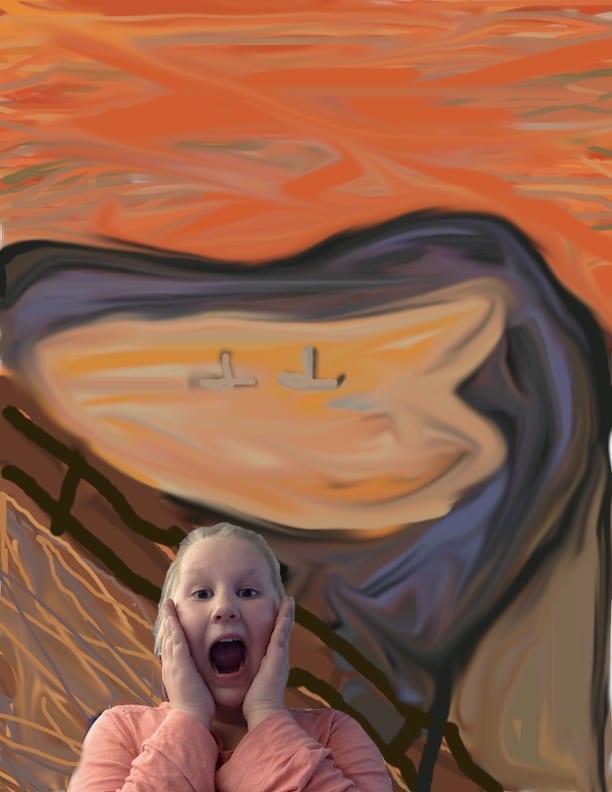Fourth Grade Art The Scream Kid-drawn background resembling The Scream, with photo of kid pretending to scream in front (Fourth Grade Art Projects)