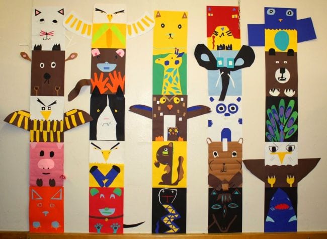 Fourth Grade Art Totem Poles Colorful construction paper totem poles showing a variety of animals