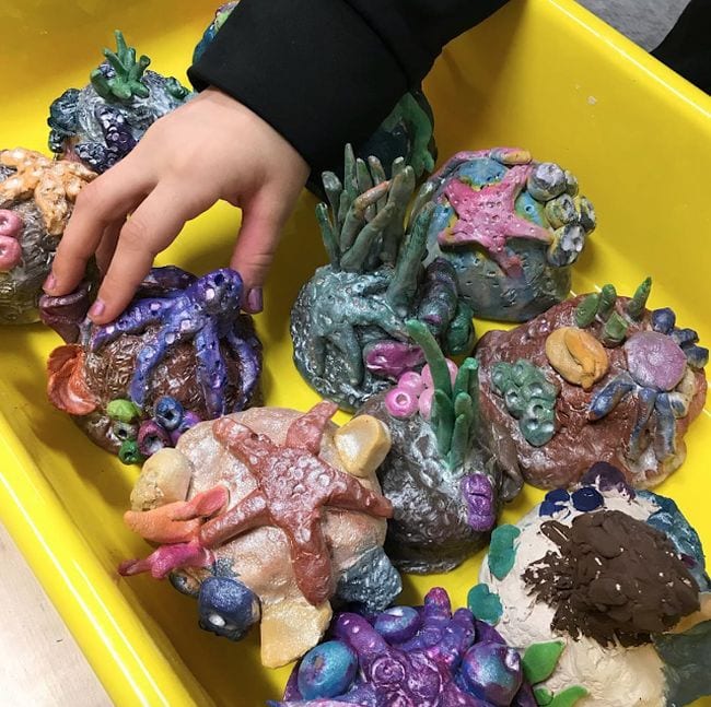 Fourth Grade Art Underwater Sculptures Collection of clay sculptures of rocks with sea stars and urchins (Fourth Grade Art Projects)