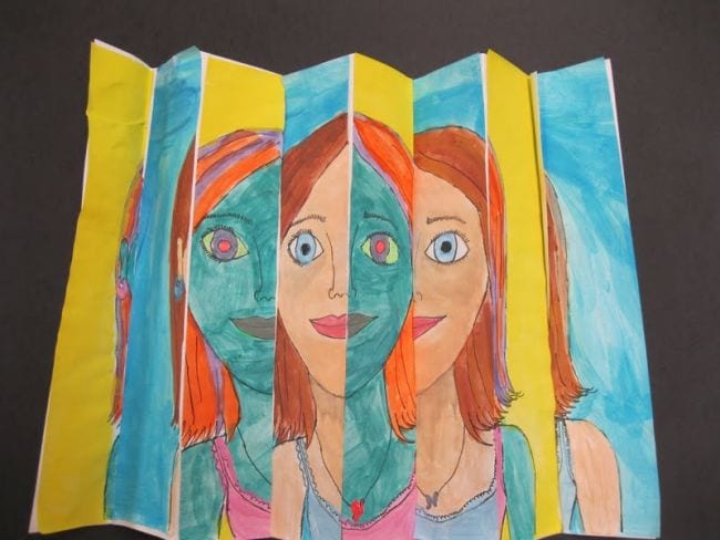 Fourth Grade Art Zig Zag Portraits Accordion-folded paper with a regular portrait when viewed from one angle and a weird version from a second angle