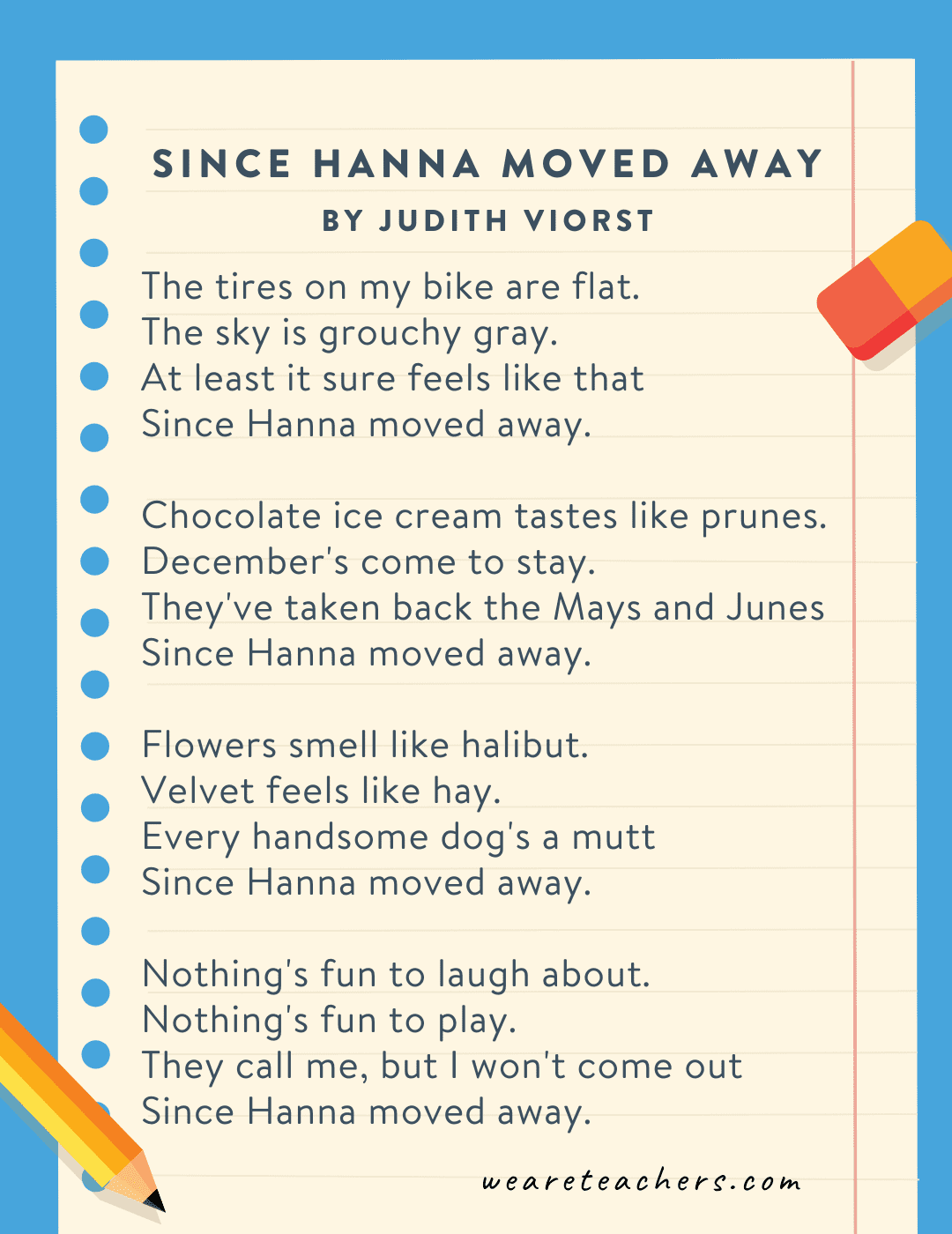 Fourth Grade Poems Since Hanna Moved Away by Judith Viorst
