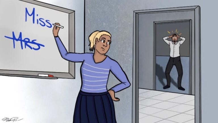 Teacher changing Mrs. to Miss on white board