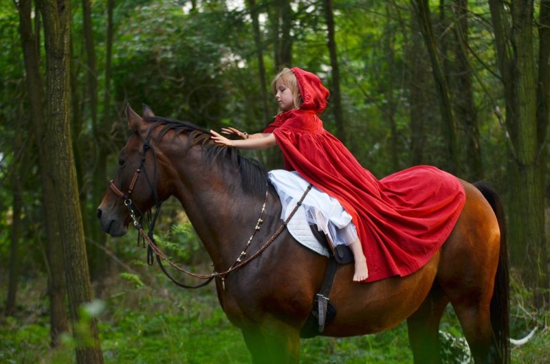 Picture Prompt: Red Riding Hood A young girl wearing a red hooded cape riding a brown horse in the forest