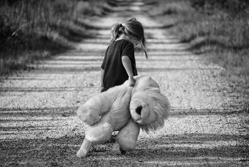 Picture Prompts: Girl and Teddy A little girl holding a very large teddy bear, dragging it down a dirt road