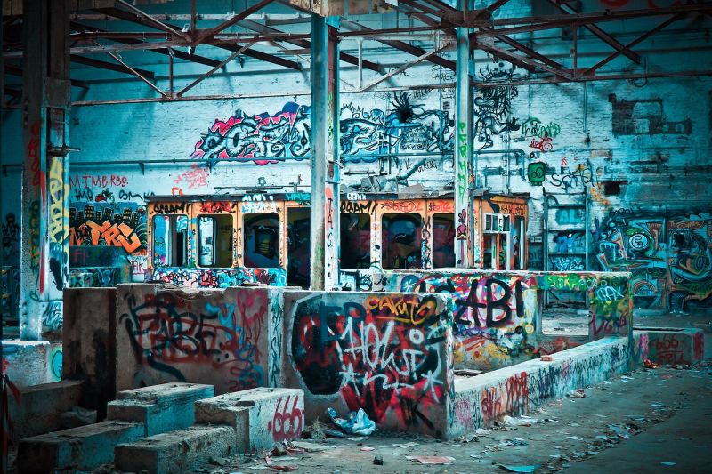 Picture Prompt: Graffiti Palace Abandoned warehouse with graffiti on the walls