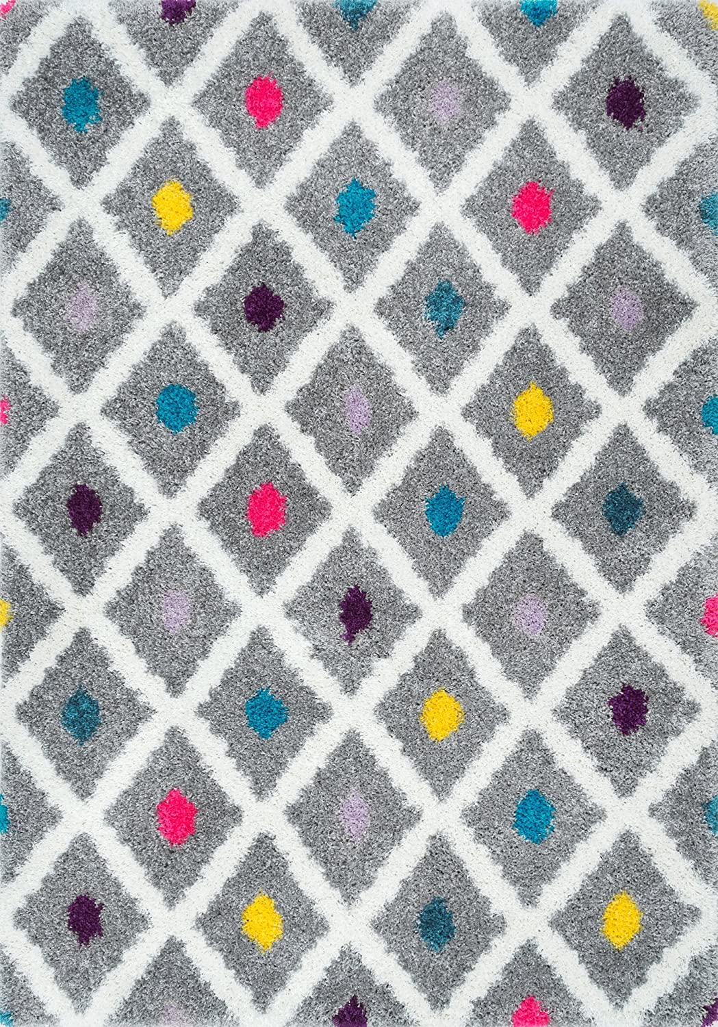 Gray Rug A gray rug is shown with a diamond pattern and small dots of different colors like yellow, teal, and pink.